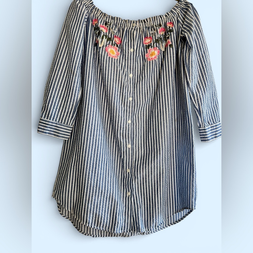 Cotton On Navy Striped Dress with Floral Embroidery